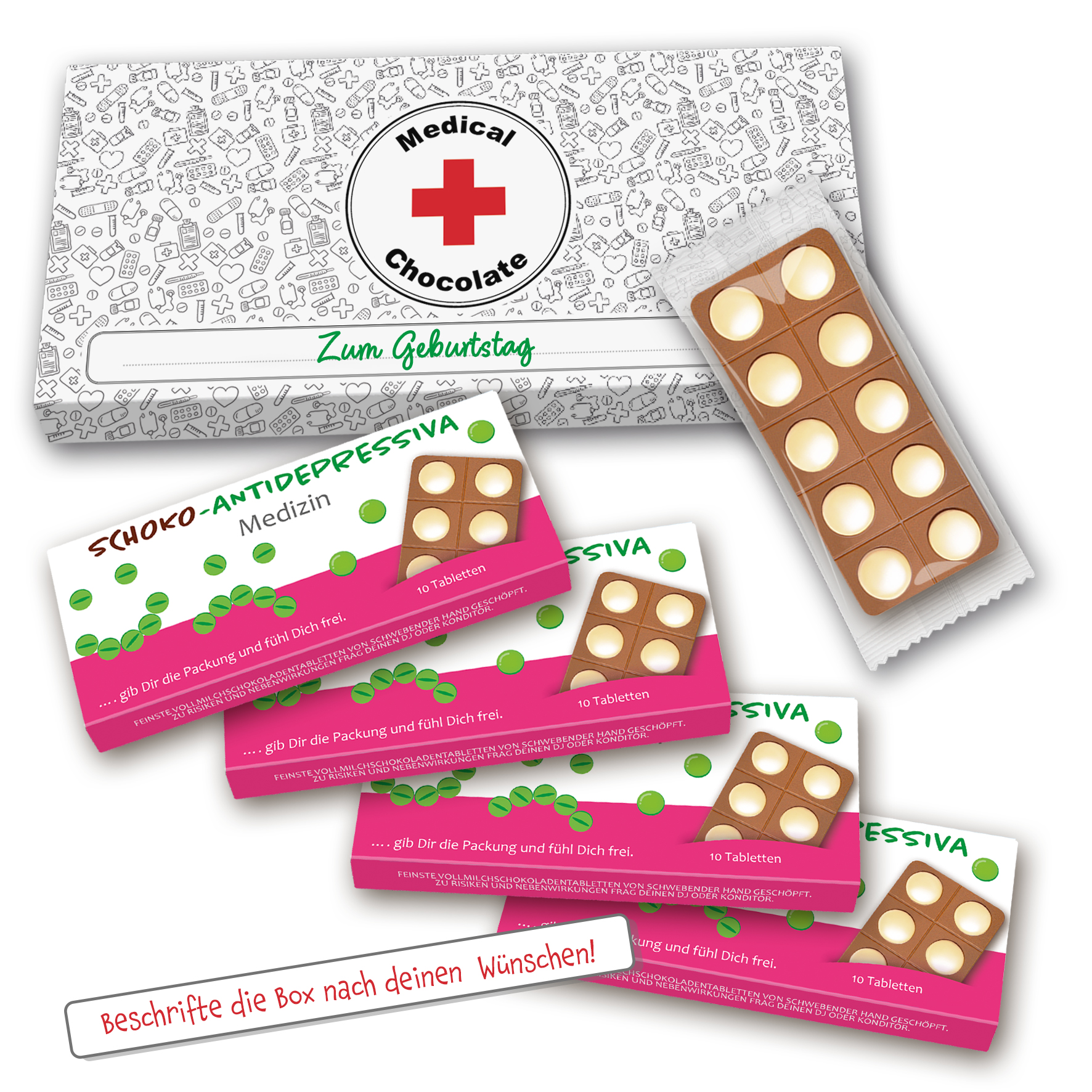 Schoko Antidepressiva Medizin 4x " ....gib Dir die Packung und fühl Dich frei " 120g