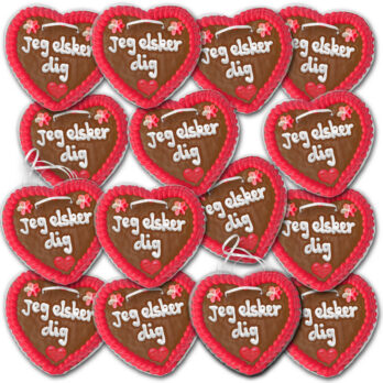 Lebkuchenherzen Dänemark  " Liebe " beschriftet 14cm / 70g / 1 Karton = 50 Stück