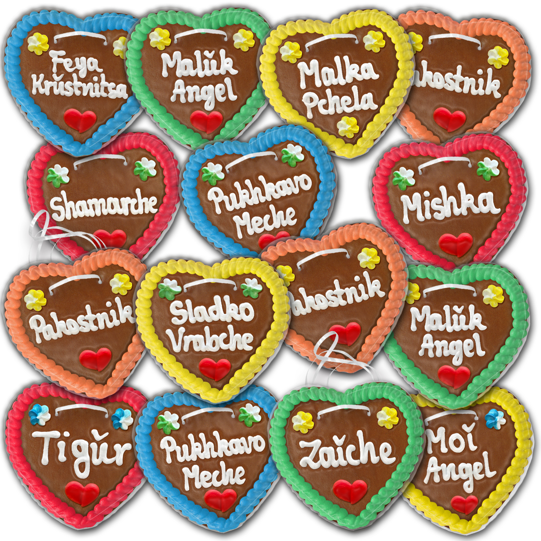 Lebkuchenherzen Bulgarien " Bunt " beschriftet 14cm / 70g / 1 Karton = 50 Stück