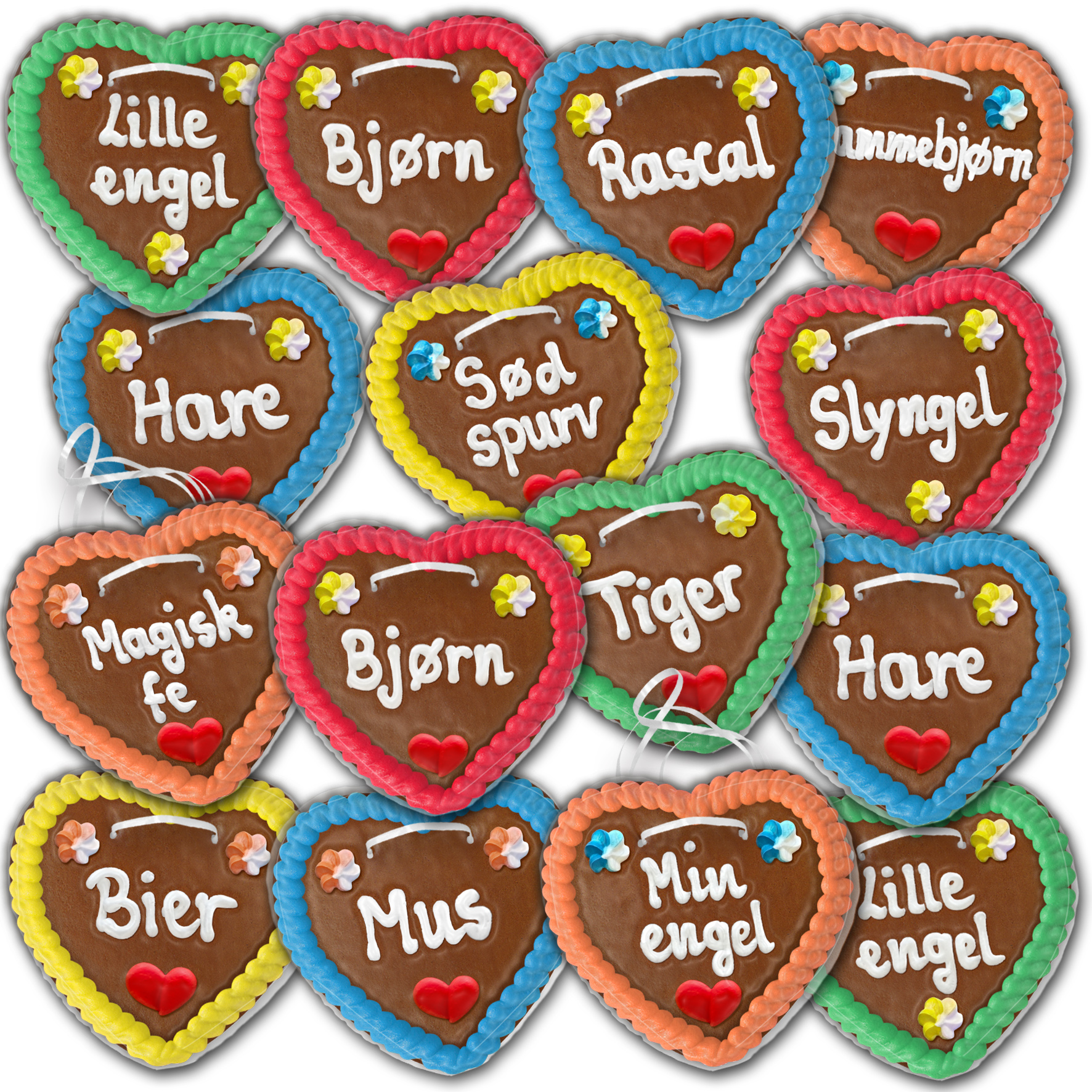 Lebkuchenherzen Dänemark " Bunt " beschriftet 14cm / 70g / 1 Karton = 50 Stück