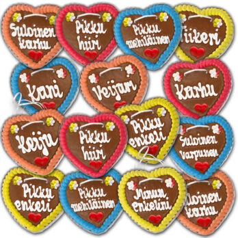 Lebkuchenherzen Finnland " Bunt " beschriftet 14cm / 70g / 1 Karton = 50 Stück