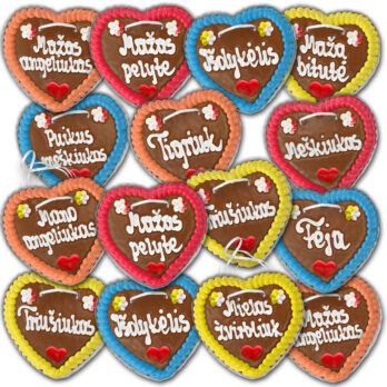 Lebkuchenherzen Litauen " Bunt " beschriftet 14cm / 70g / 1 Karton = 50 Stück