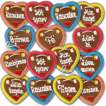 Lebkuchenherzen Schweden " Bunt " beschriftet 14cm / 70g / 1 Karton = 50 Stück