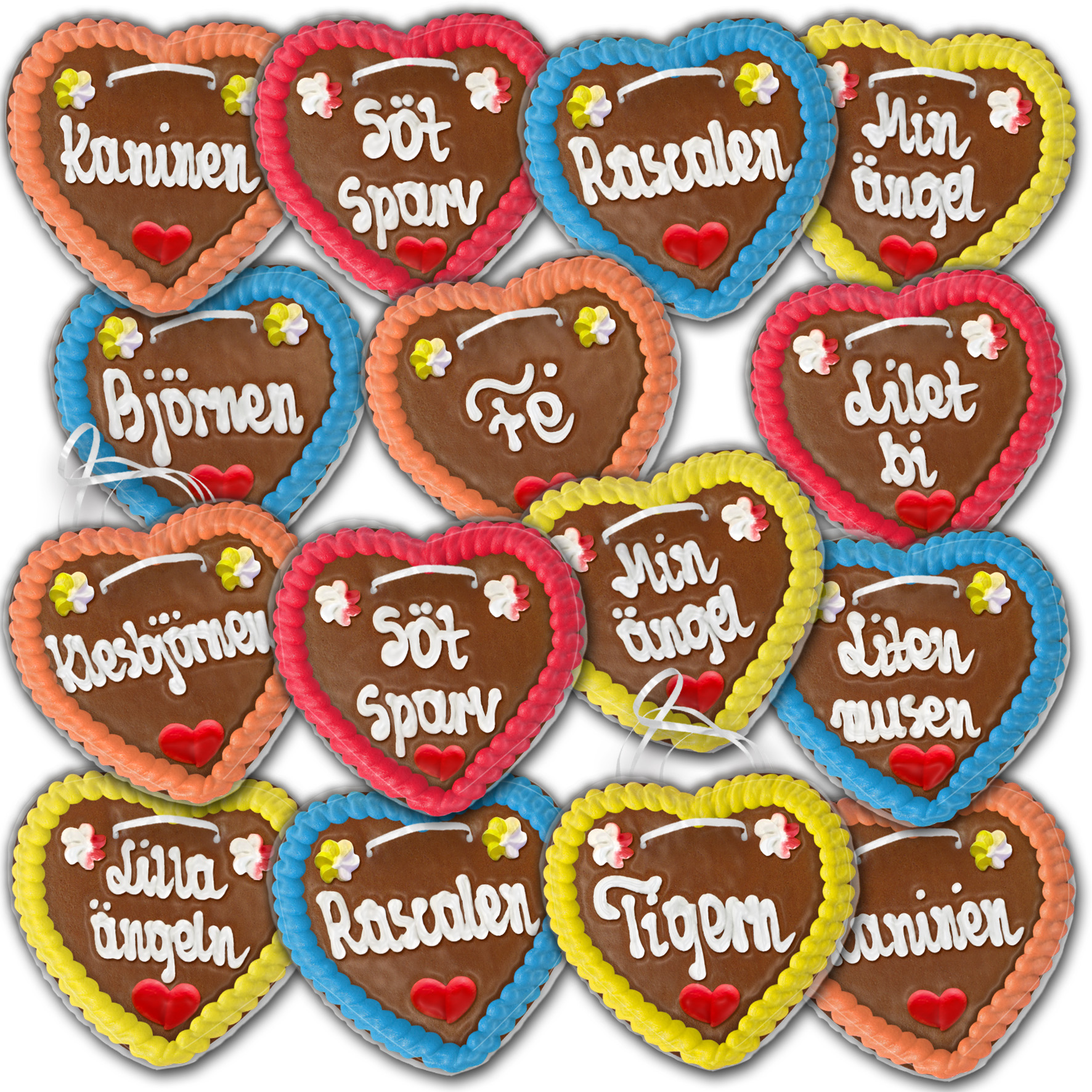 Lebkuchenherzen Schweden " Bunt " beschriftet 14cm / 70g / 1 Karton = 50 Stück